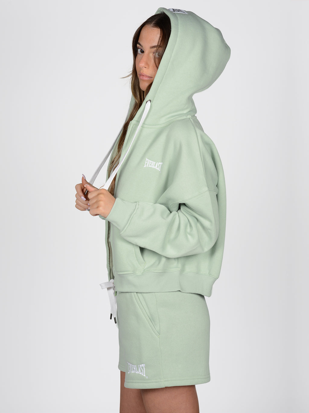  Everlast™ Women's High-Waist Sweat Shorts - Pale Sage Hoodie Side